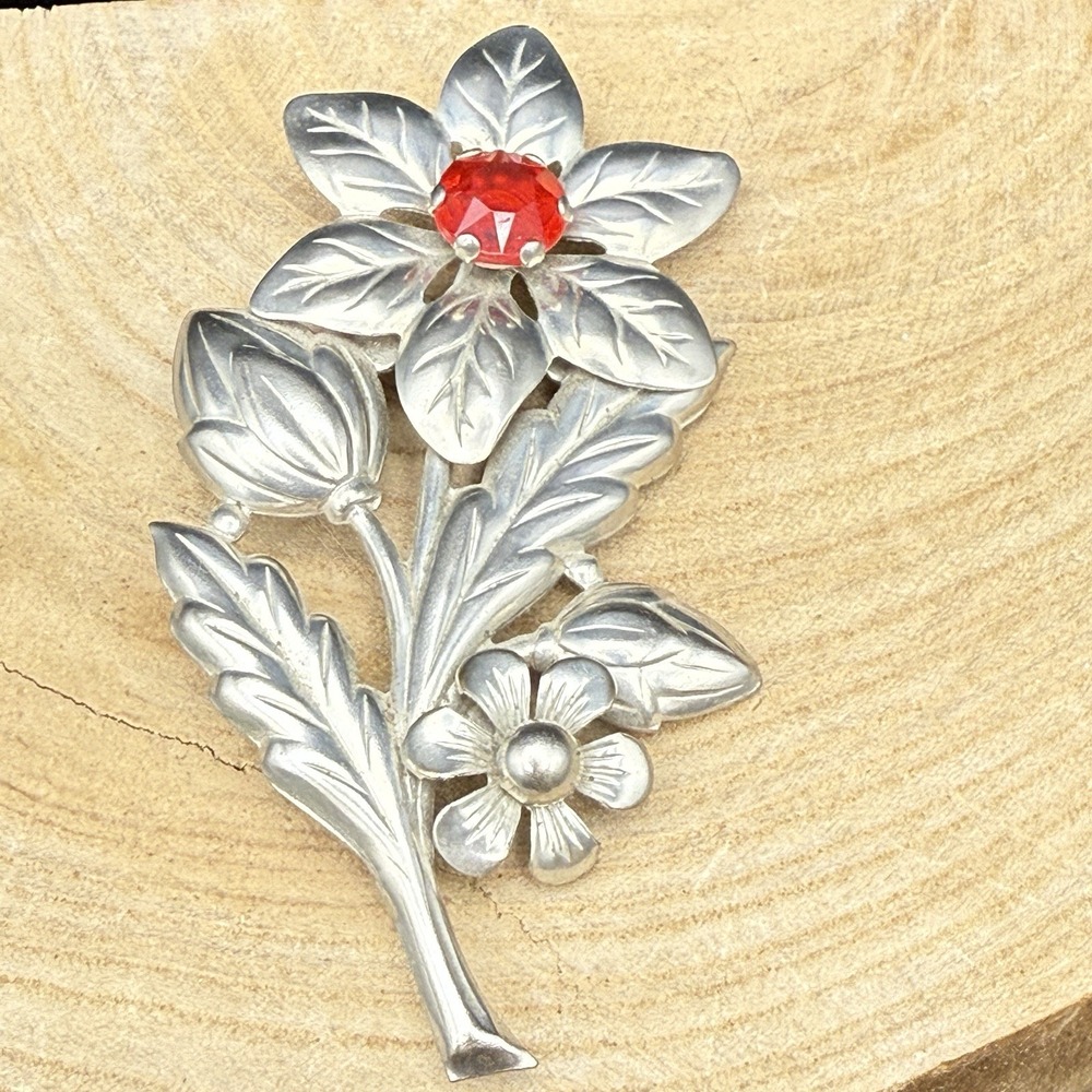 Vintage Silver Tone Flower Brooch Red Rhinestone Center Floral Bouquet Pin 3in